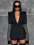 Black V Neck Long Sleeves Blazer With Rhinestones Embellished Cuff Crystals Patchwork Slim Jacket Single Breasted Coat