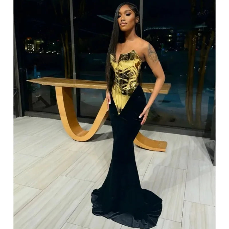 Fashion Glod PU Woman Set Strapless Tops And Package Hips Balck Skirt 2 Pieces Evening Party Outfit Performance costume