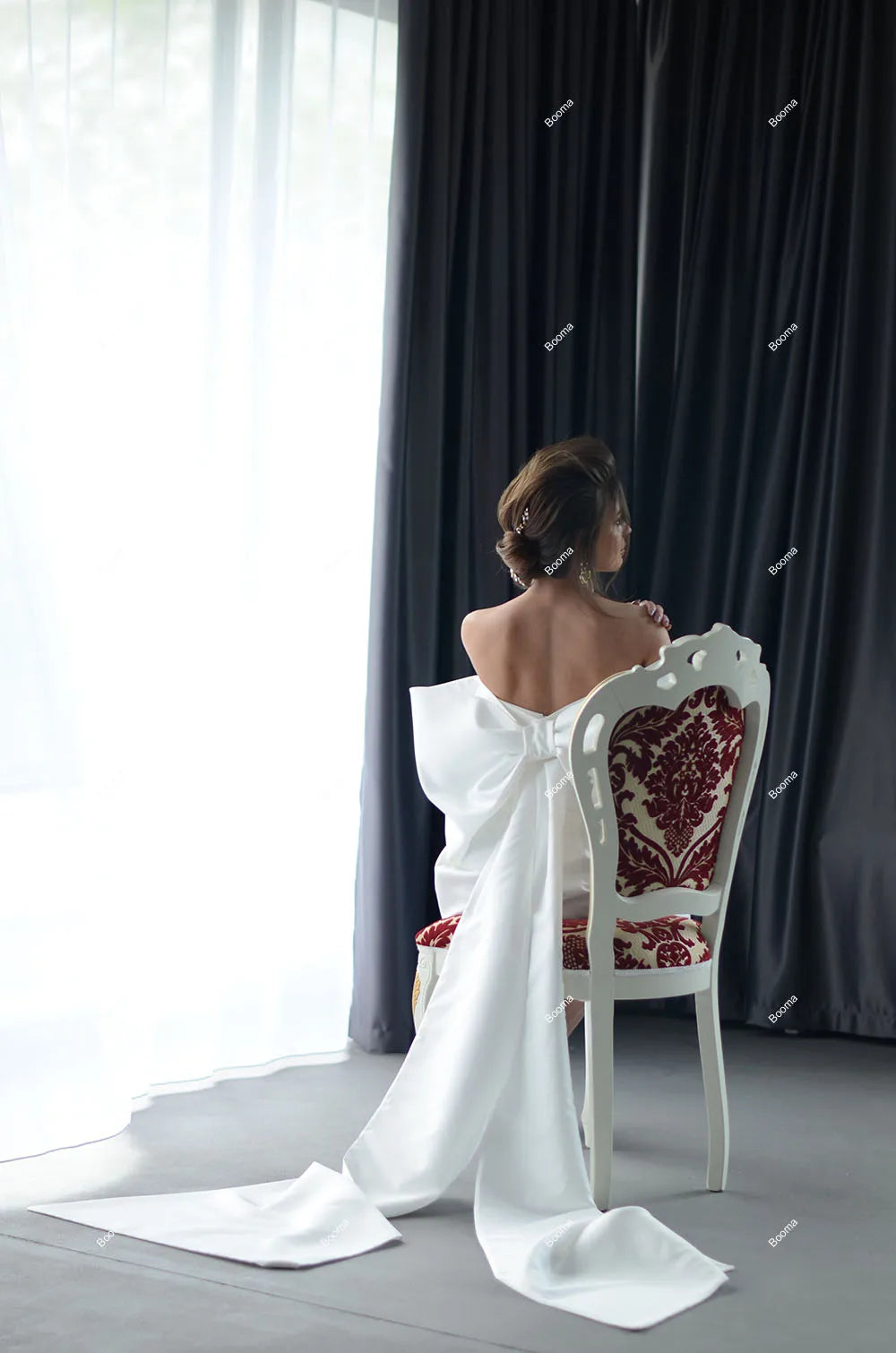 Gaun Perkahwinan Pendek Ringkas Pakaian Pakaian Pakaian Leher Pakaian Pakaian Pakaian Untuk Wanita Prom Gaun Dengan Big Bow Bridal Party Gaun
