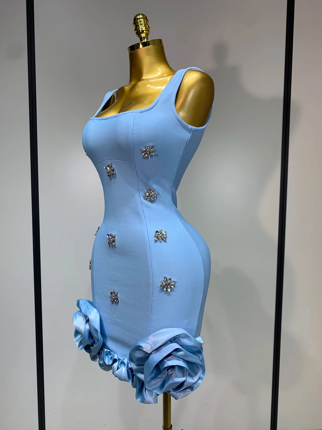 Women Sexy Square Collar Sparkly Rhinestone Bodycon Mini Bandage Dress Celebrate Evening Party Elegant Luxury Birthday Dress SKY BLUE