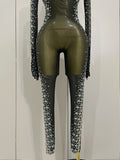 Sexy Sparkly Crystals Black Mesh Jumpsuit With Gloves Women Celebrate Birthday Party NightClub Singer Dance Stage Costumes