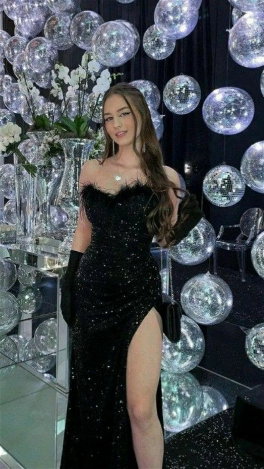 Gliiter Black Vestidos De Noche Sexy Side High Split Mermaid Prom Dress Fairy Feather Chest Edge فساتين السهرة