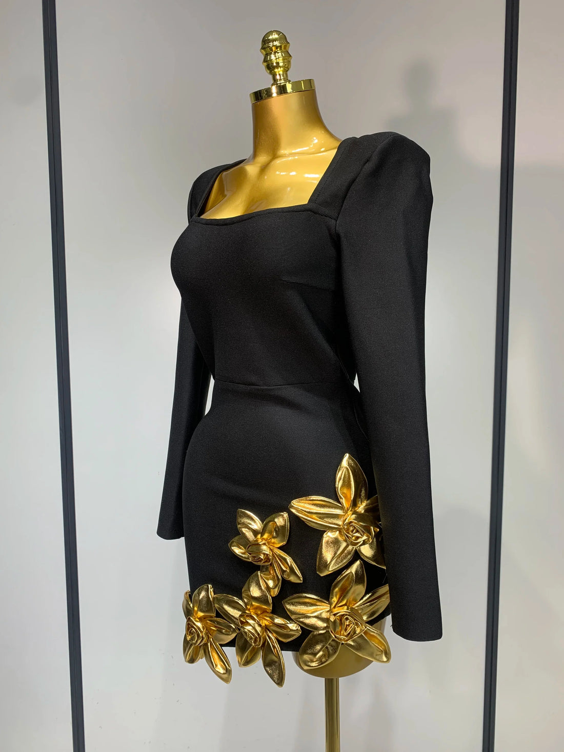 Women Long Sleeve Sexy Square Collar Gold Flower Bodycon Mini Bandage Dress Celebirty Elegant Nightclub Luxury Birthday Dresses black