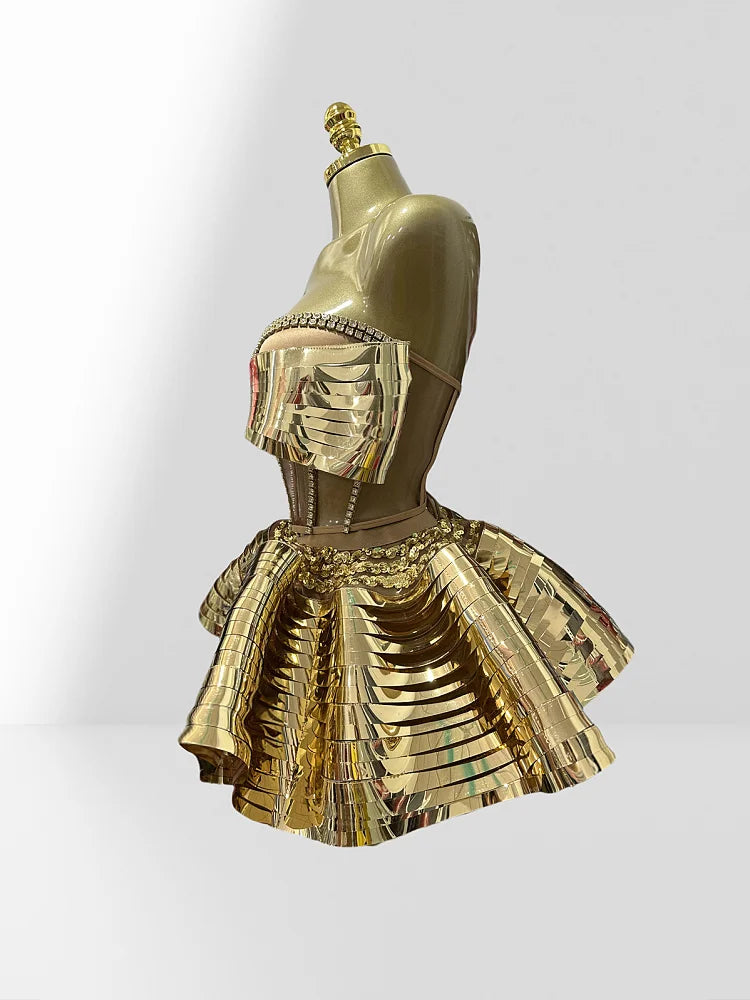 Mirror Surface Woman Party Set Stereoscopic Bows Strapless Tops And UFO Mini Skirt 2 Pieces Party Outfit Performance costume Gold