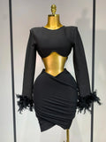 Luxury Birthday Dress Women Sexy Long Sleeve Feather Black Mesh Mini Bodycon Bandage Dress Elegant Evening Club Party Dress ﻿ black