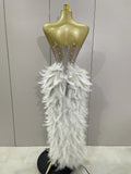 Luxury Sparkle Rhinestone White Feather Sexy Mesh Long Dress Women Evening Party Birthday Performance Photoshoot Costume