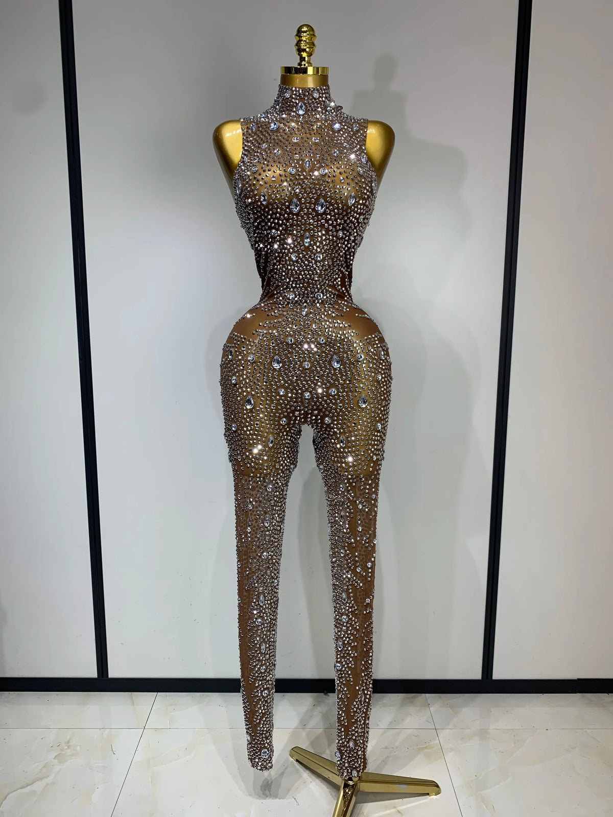 See Through Rhinestone Luxury Rhinestones Jumpsuit Women Sexy Mesh See Through Performance Da ...