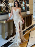 Nude Strapless Crystals Embellished Long Dress Sheath Low V Neck Sleeveless Feather High Side Slit Floor Length Evening Gown