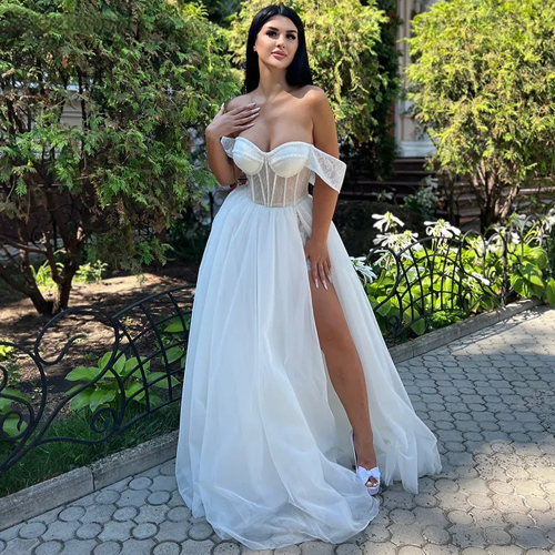 A-Line Beach Wedding Dresses for Women Off Shoulder Lace Brides Evening Gowns High Leg Slit Lace Up Long Bridasl Dress