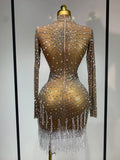 Luxury Rhinestone Tight Short Dress Women Long Sleeve Evening Party Prom Gown Birthdy Nightclub Performance Costume Stage Outfit
