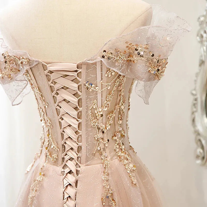 Luxury French Pink Strap Boatneck Bride Wedding Dress Sexy Off Shoulder Ball Gown Wedding Evening Prom Women Dresses