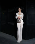 Spring Mesh See Through Women Set Sexy Hollow Out Short Top And Flare Pants 2 Pieces High Stree Wear Evening Party Vestido