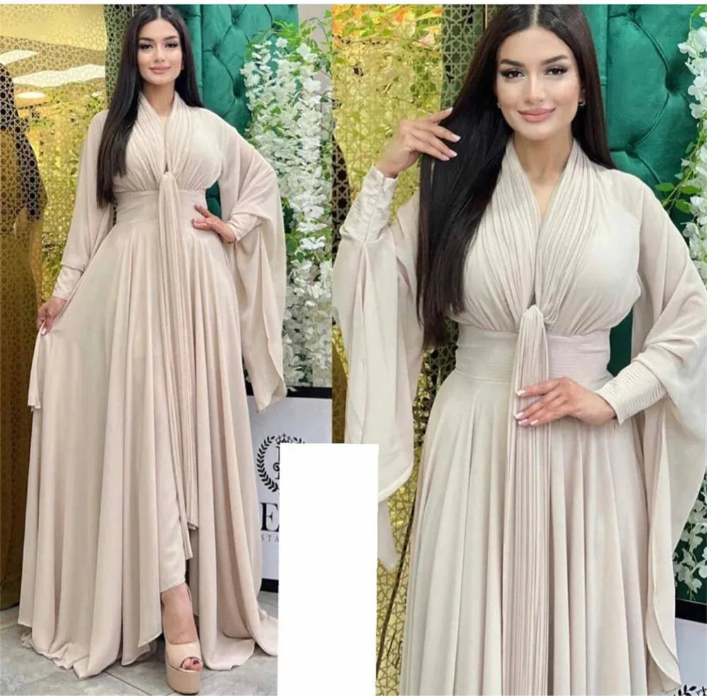 Modest Chiffon فساتين السهرة Green Prom Dresses Muslim Trumpet Sleeve Vestidos De Noche Silk Chiffon Prom Gown