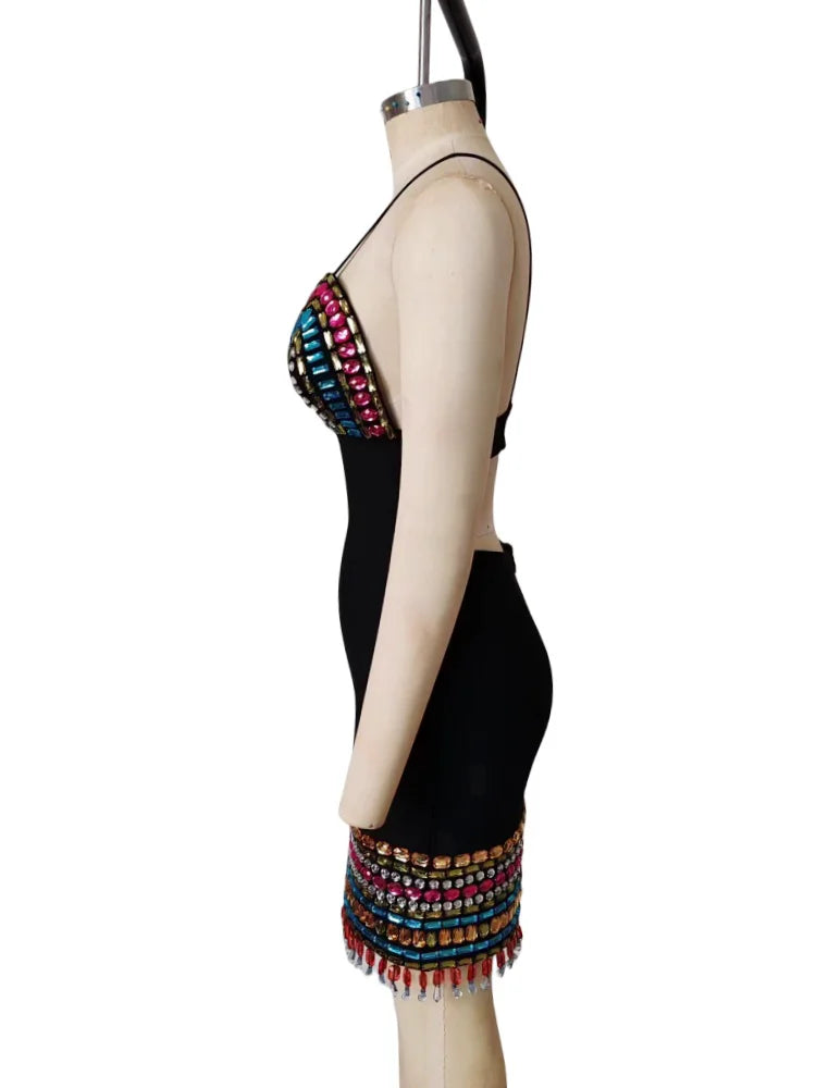 Colorful Diamonds Sexy V-Neck Spaghetti Strap Mini Bandage Dress Fashion Woman Evening Dress Holiday Vocation Vestido