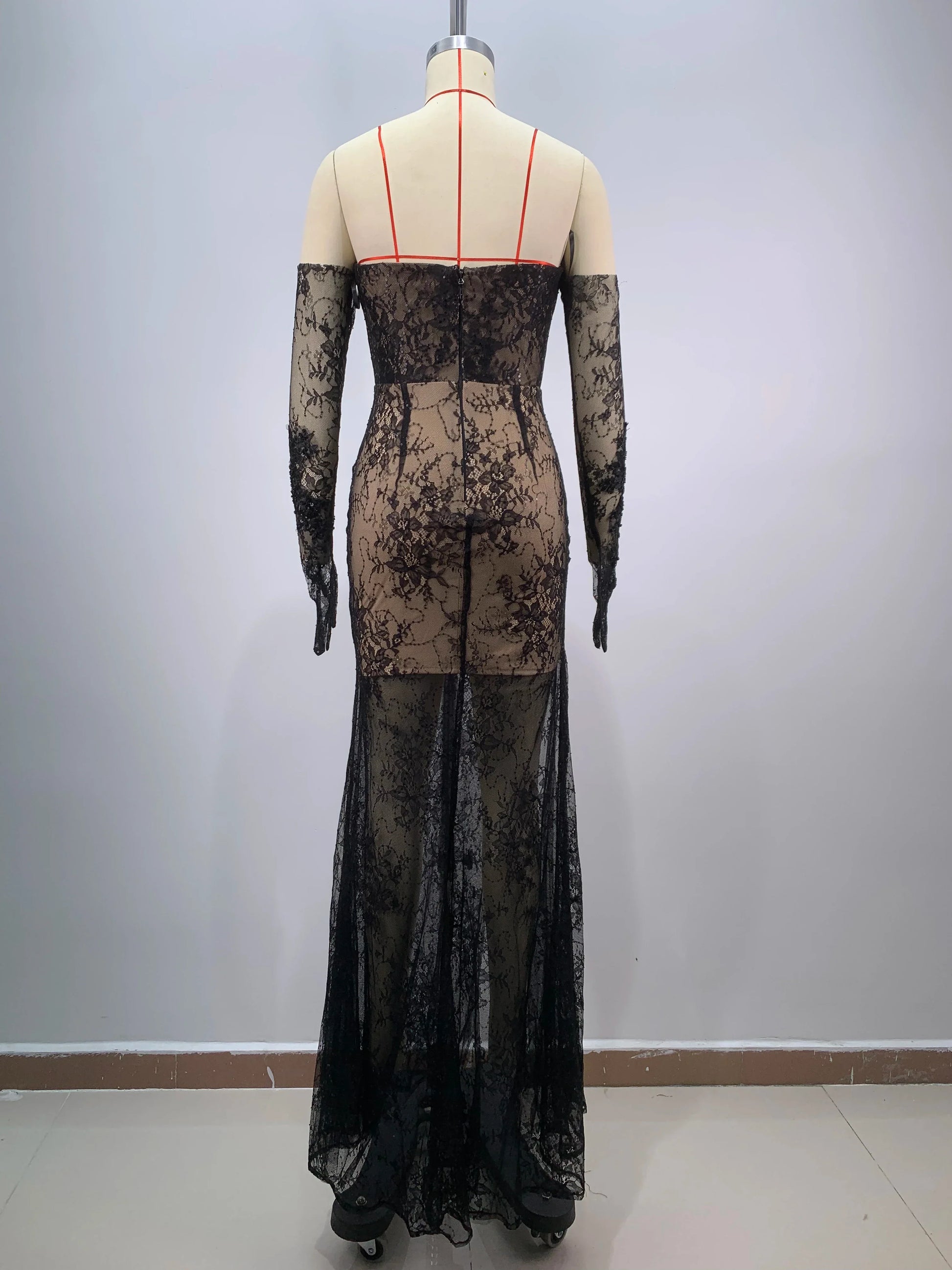 Fashion Gloves Sexy Mesh See Through Black Lace Strapless Midi Calf Dress Birthday Party Evening Dress Celebrity Party Dress