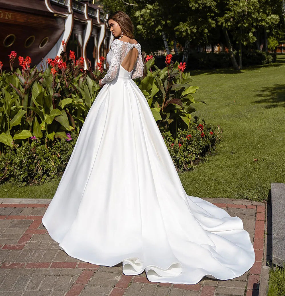 Langarmes Brautkleider Satin Open Rücken A-Line Dubai Hochzeitskleid mit Gürtel Frauen Langes Brautkleid