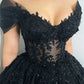 Black Ball Gown Tulle Prom Dress Elegant Lace Embroidery فساتين السهرة Sexy V-neck Off Shoulder Evening Dress