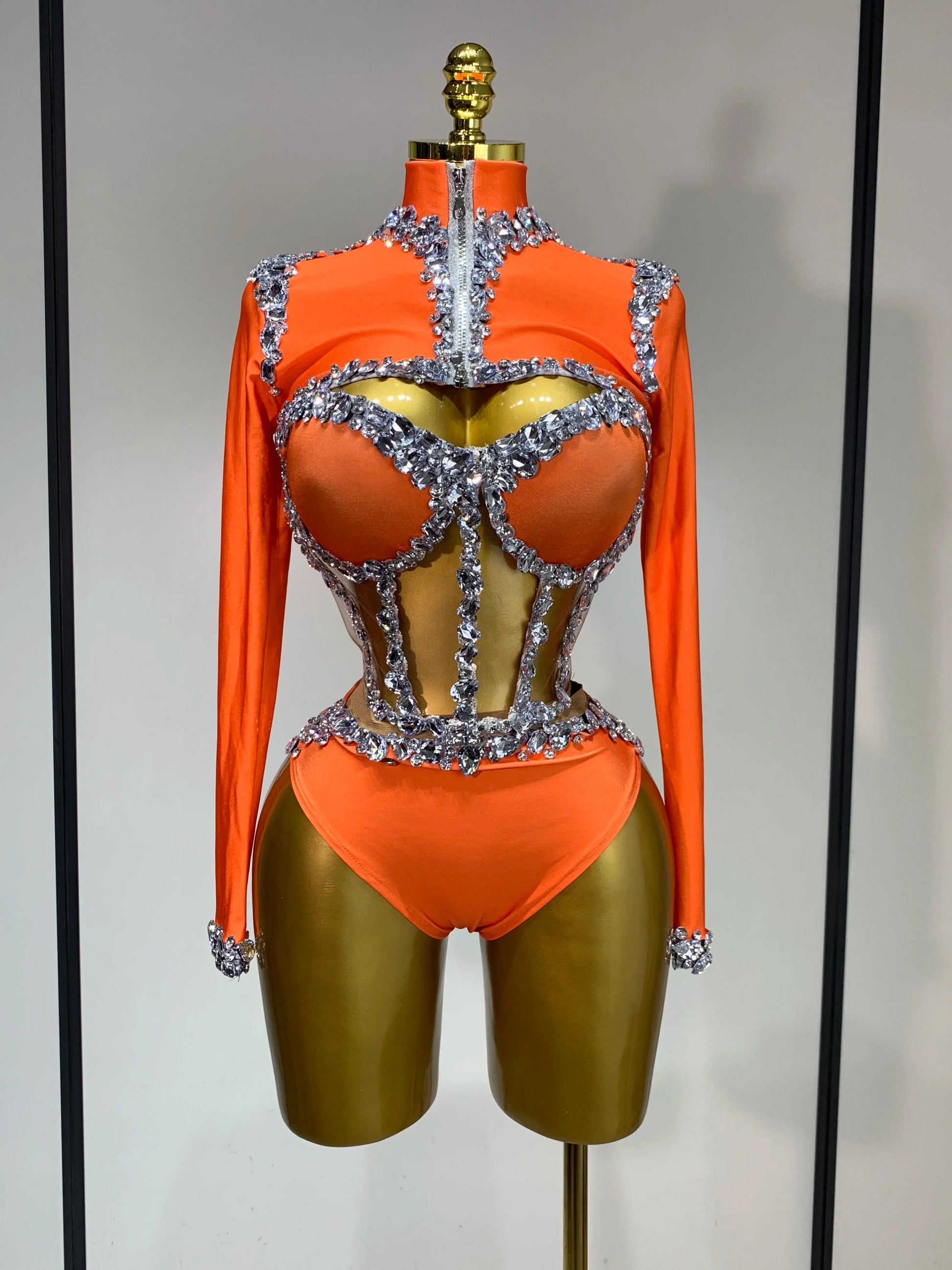 Sparkly Rhinestone Stage Outfit Women Long Sleeve Three Piece Set Dance Drag Queen Nightclub Evening Party Birthday Costume Orange