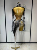 Sparkly Diamond Sequin Tassels Sexy Mesh Long Sleeved Two Piece Set Women Sexy Evening paty Birthday Nightclub Stage Costume