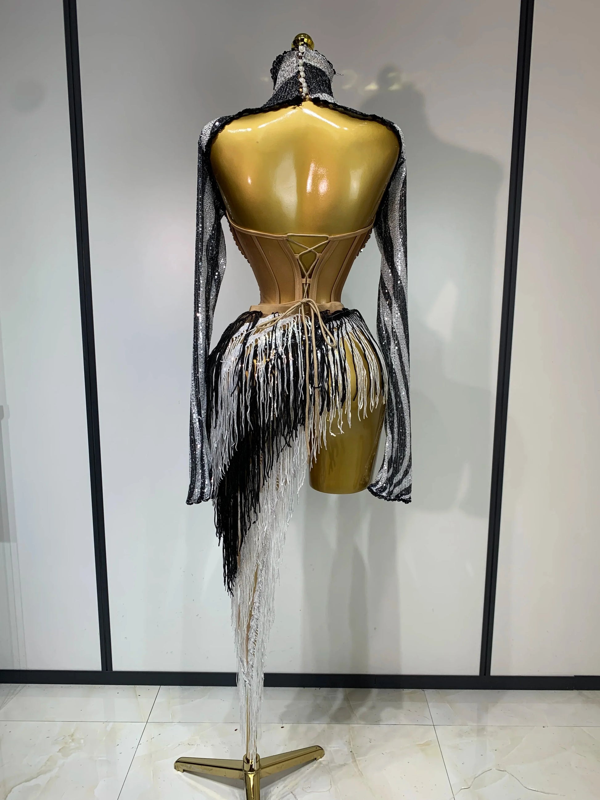 Sparkly Diamond Sequin Tassels Sexy Mesh Long Sleeved Two Piece Set Women Sexy Evening paty Birthday Nightclub Stage Costume