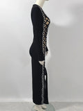 Sexy Women Heavy Industry Chain Drawstring Bandage Dress O-neck Long Sleeve Bodycon Midi Split Dress Evening Party Vestidos