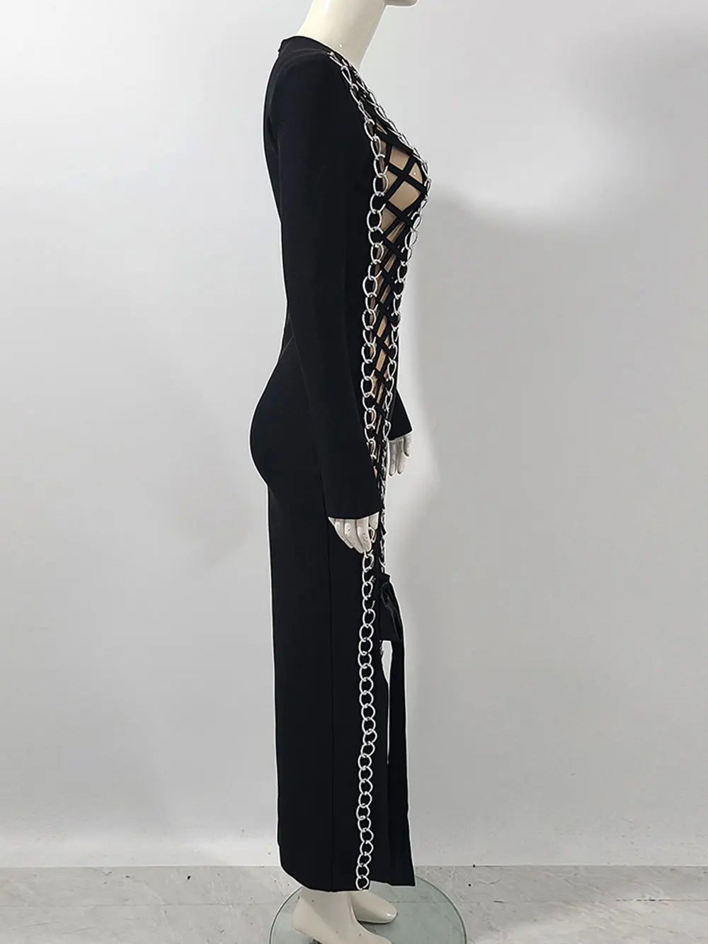 Sexy Women Heavy Industry Chain Drawstring Bandage Dress O-neck Long Sleeve Bodycon Midi Split Dress Evening Party Vestidos