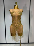 Luxury Rhinestones Chain Sleeveless Mini Dress Celebrity Elegant Sexy Performance Dance Nightclub Outfit Birthday Party Dress Gold