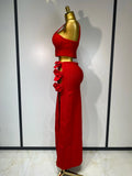 Women Red Top Flower Skirt Two Piece Set Evening Party Nightclub Elegant Host Tight Sexy Club Bodycon Bandage Long Skirt