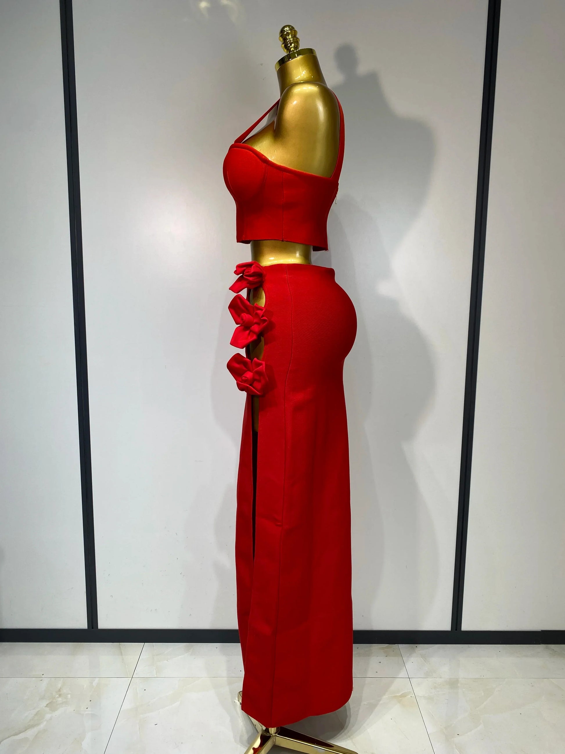 Women Red Top Flower Skirt Two Piece Set Evening Party Nightclub Elegant Host Tight Sexy Club Bodycon Bandage Long Skirt