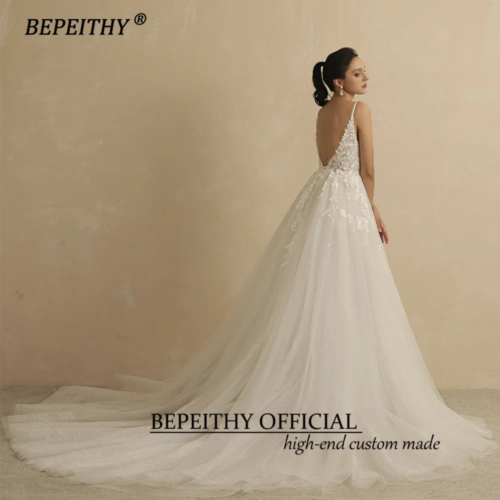 Deep v Neck Spaghetti mengikat gaun pengantin renda garis untuk wanita glittler lengan lengan boho gaun pesta pengantin