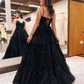 Black Organza Fabric A-line Prom Dress  Sleeveless Multilayer Strao vestidos de fiesta Spaghetti Strap  فساتين السهرة