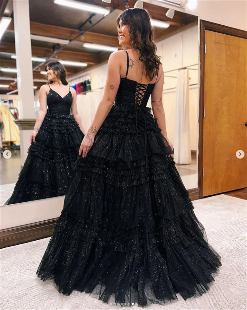 Black Organza Fabric A-line Prom Dress  Sleeveless Multilayer Strao vestidos de fiesta Spaghetti Strap  فساتين السهرة