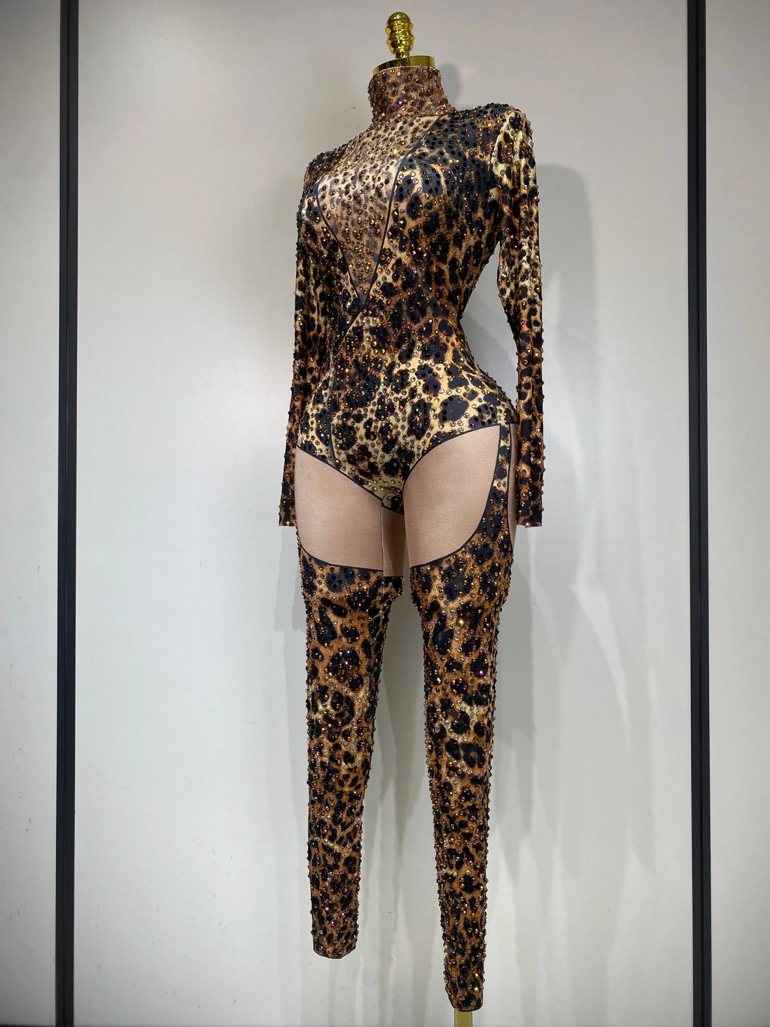 Women Stretch Leopard Print Sexy Bodycon Jumpsuit Bar Nightclub Singer Dancer Luxury Diamond Stage Performance Outfit Dark Brown
