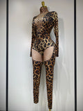 Women Stretch Leopard Print Sexy Bodycon Jumpsuit Bar Nightclub Singer Dancer Luxury Diamond Stage Performance Outfit