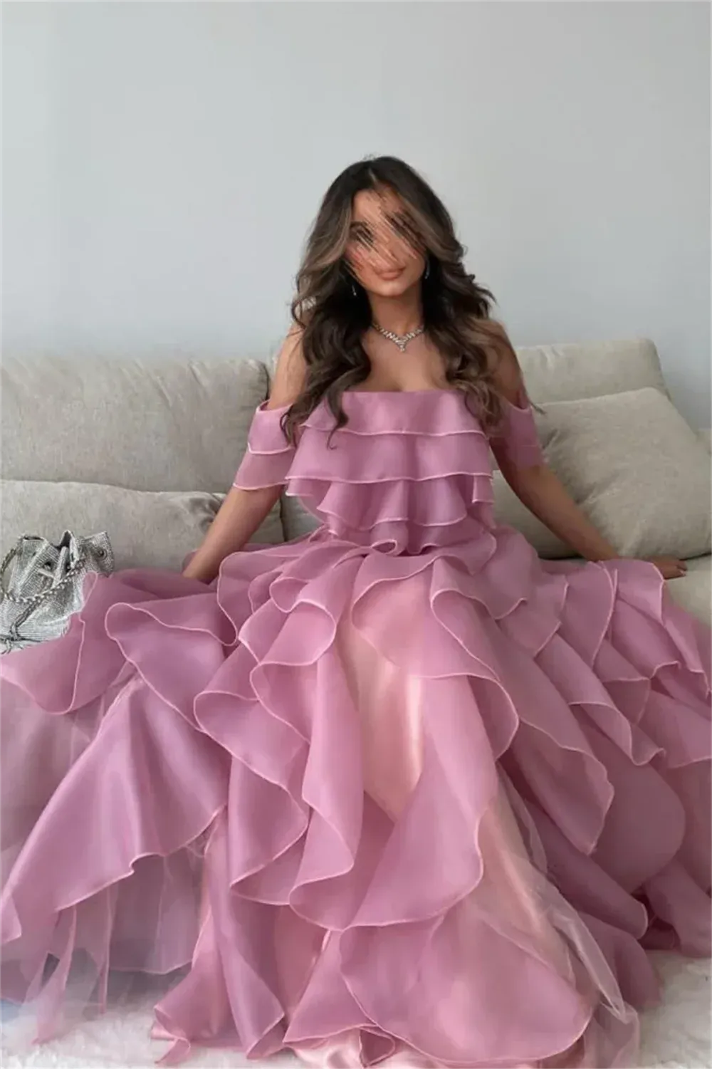 Dirty Pink Off Shoulder Organza Prom Dress Elegant Edge Curl A-line vestidos par boda Empire Waist Wedding Dress As Pictures 01