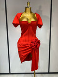Women Sexy Short Sleeve Square Collar Bodycon Mini Bandage Dress Celebrity Red Carpet Dress Flower Luxury Birthday Outfit