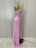 Luxury Pink Rhinestones Split Floor Length Dress Women Sexy Evening Celebrate Birthday Party Dress Photoshoot Stage Wear