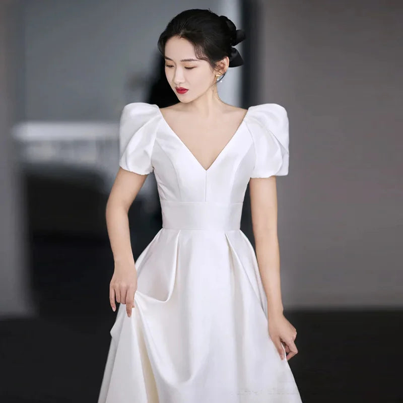 Gaun Perkahwinan Satin Putih Untuk Pengantin Assi Elegant V Neck Long Prom Pesta Pesta Pesta Wanita Pakaian Musim Panas Vestidos Formal