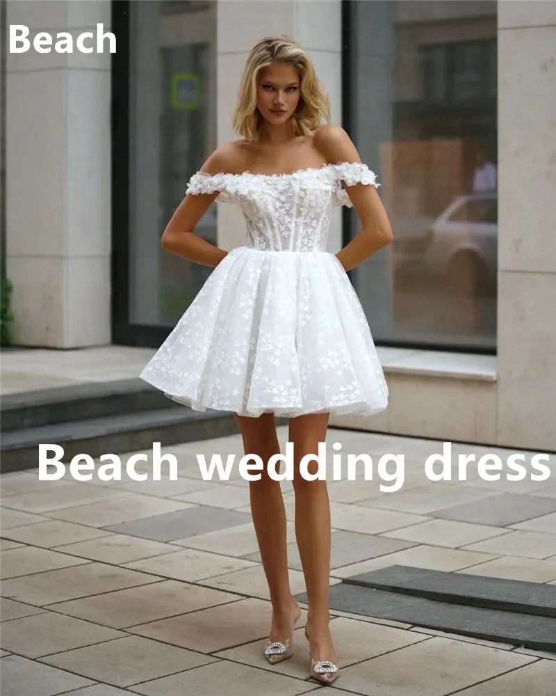 Gaun Perkahwinan Renda Pendek Panjang Line Gaun 3D Bunga Pengantin Mini dari Gaun Perkahwinan Bahu