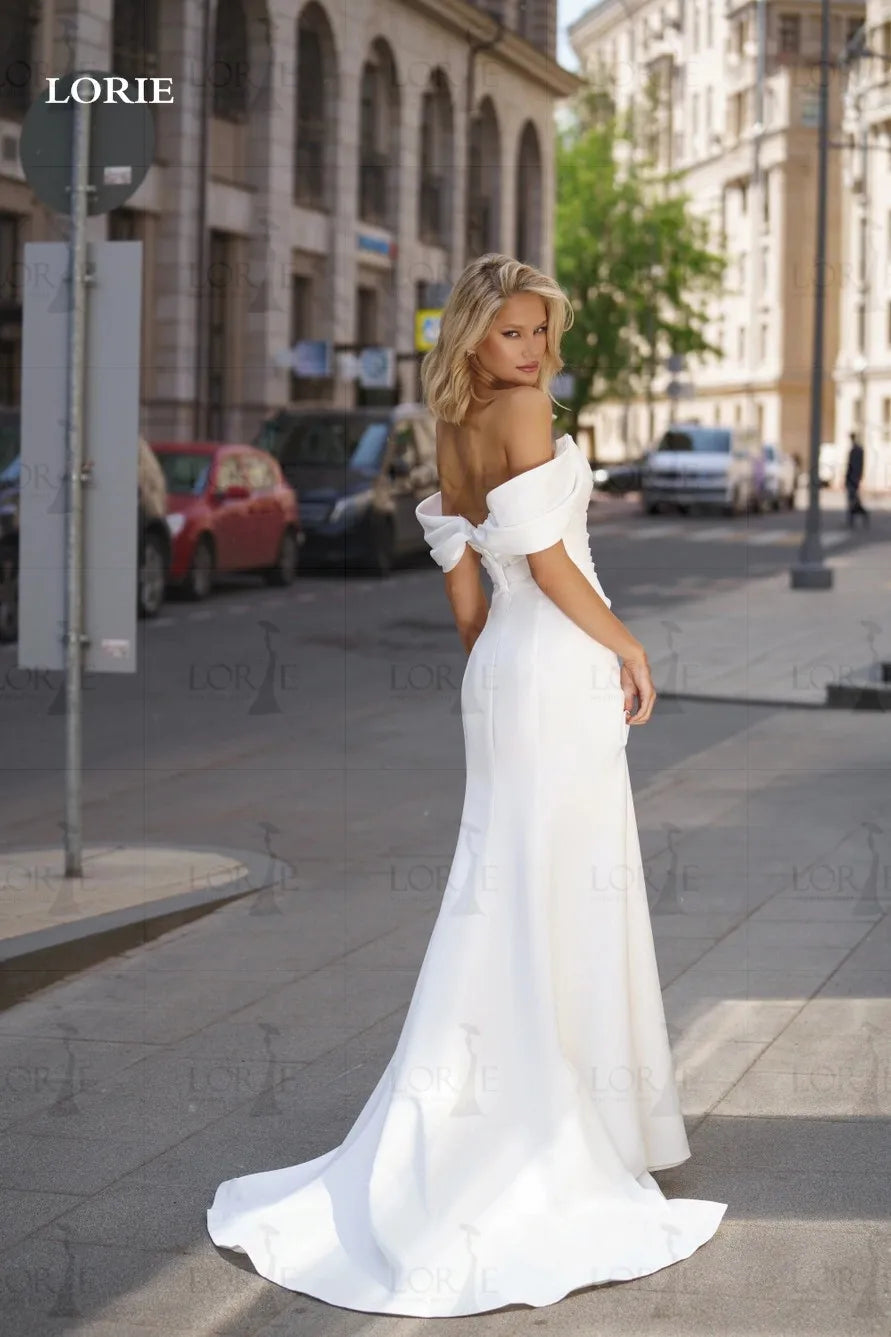 Vestido de novia de sirena con hombros descubiertos, vestidos de novia plisados ​​con abertura lateral, vestido de fiesta de boda de satén marfil 
