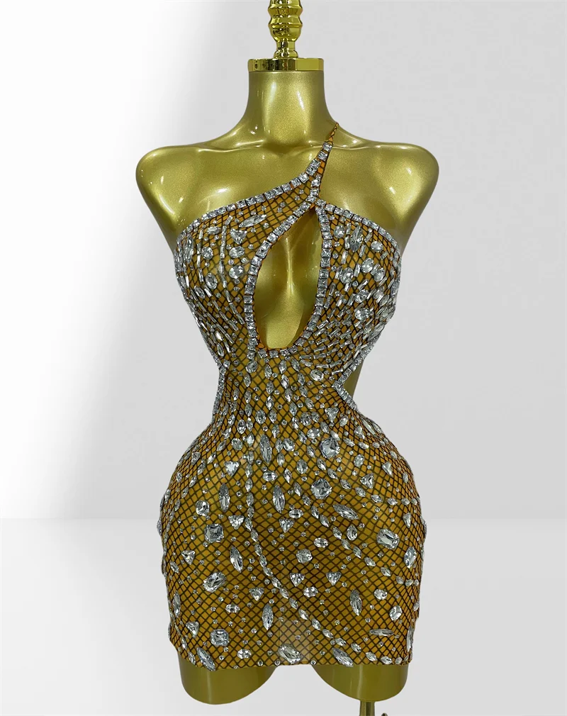 Sparkling Diamonds Sexy Hollow Out Blackless Mesh See Through Mini Dress Fashion Woman Evening Party Dress Birthday Party Outfit