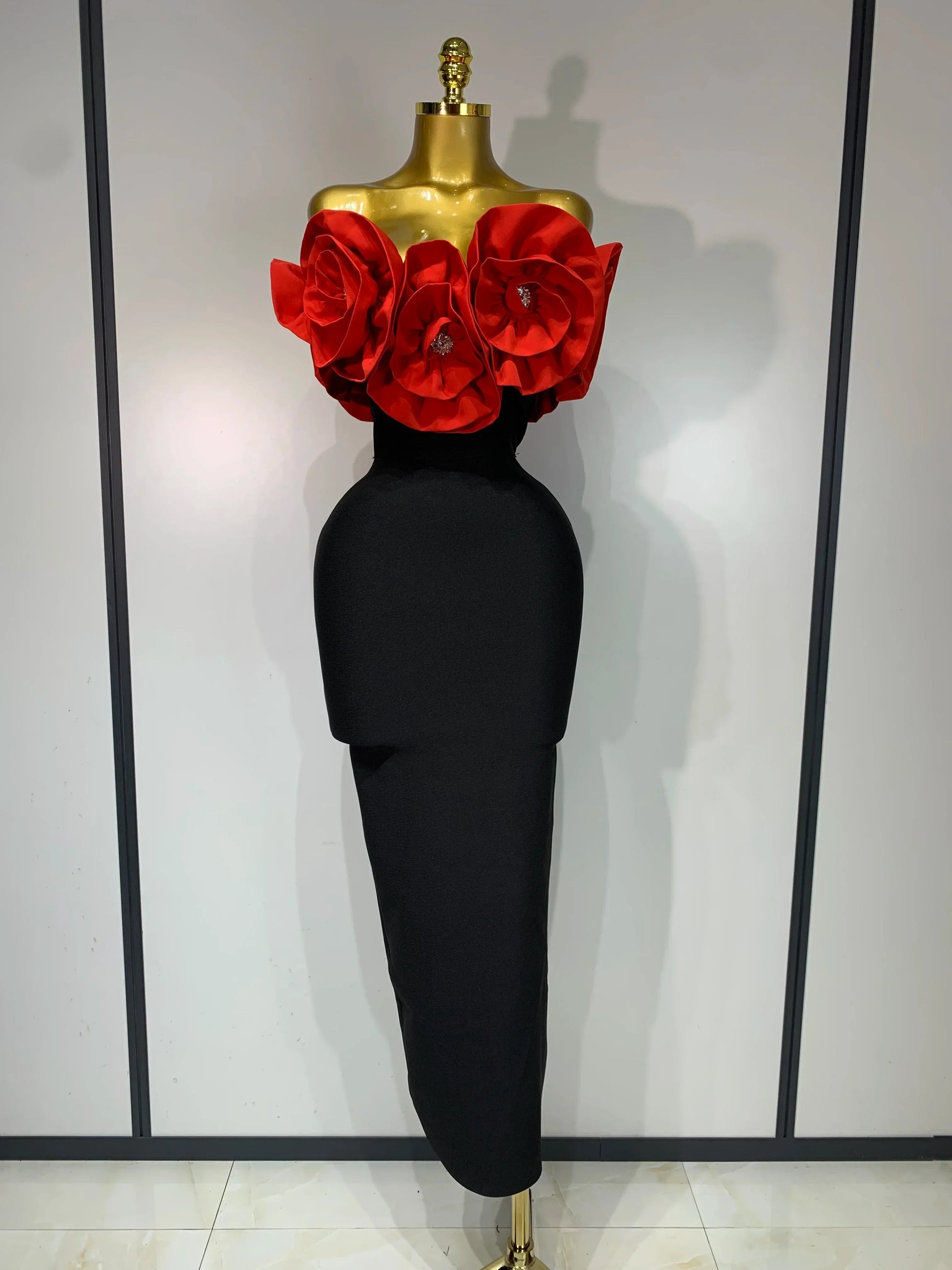 Women Sexy Off Shoulder Flower Diamonds Bodycon Bandage Dress Celebrity Elegant Evening Luxury Birthday Party Dresses Red