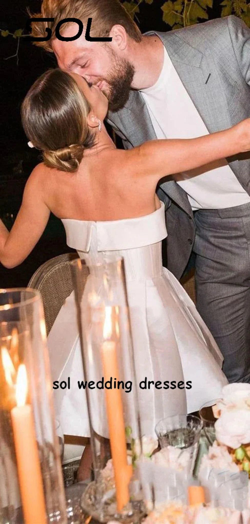 فستان زفاف قصير أنيق بدون حمالات للنساء، بسيط بدون ظهر، خط فوق الركبة، فستان زفاف صغير، رداء De Mariee