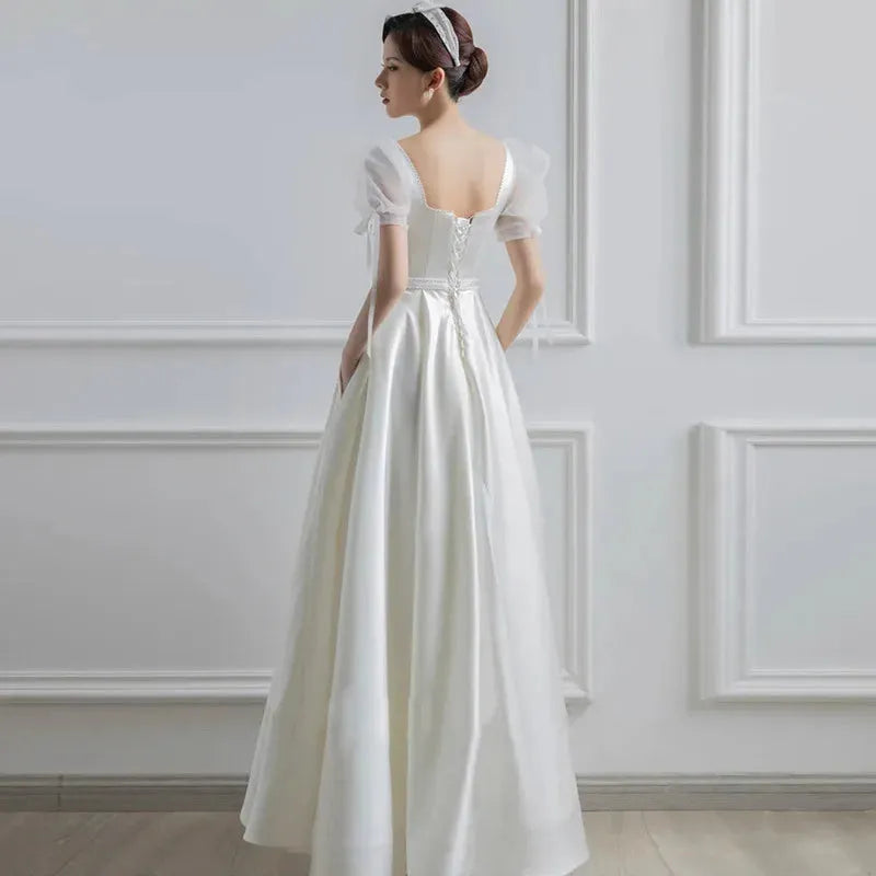 White Satin Wedding Dresses for Bride Formal Elegant Puff Sleeve Evening Guest Long Party Summer Dress Women Formal vestidos Midi length 12