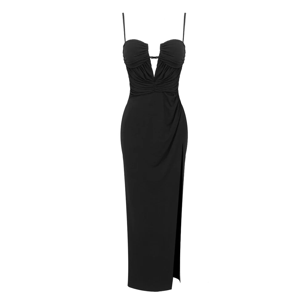 Black Long Dress Women Spaghetti Strap Sundress Sexy High Slit Draped Design Evening Party Dress Summer black