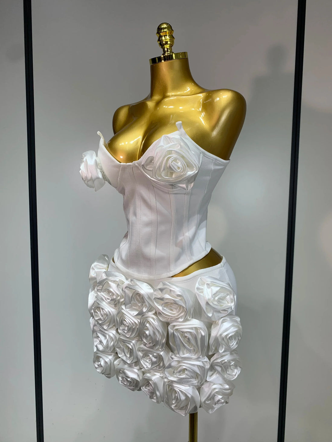 Women Sexy Backless Sleeveless 3D Flower Strapless Two Piece Set Celebirty Elegant Evening Club Party Luxury Birthday Gown WHITE