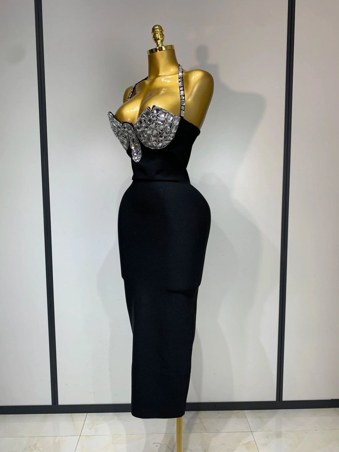 Women Sexy Halter Backless Diamonds Black Sleeveless Bodycon Bandage Dress Evening Club Party Gowns Luxury Birthday Dress black