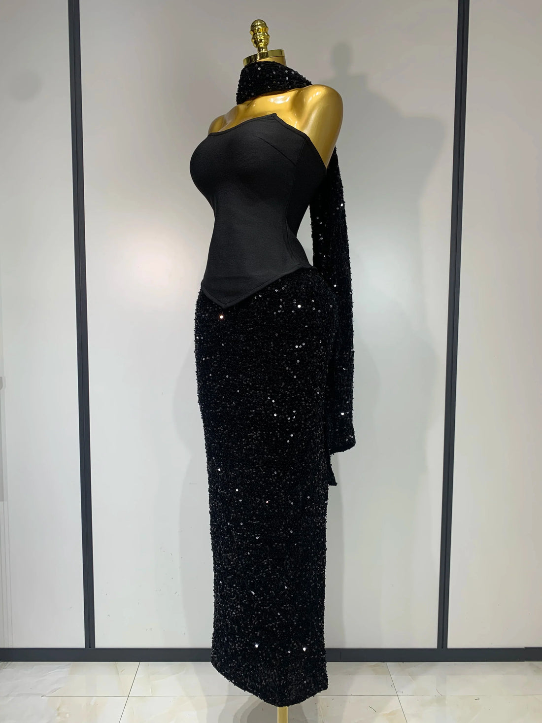 Women Sexy Strapless Sequin Black Maxi Long Bandage Three Piece Set Knitted Elegant Evening Club Party Birthday Prom Gowns black