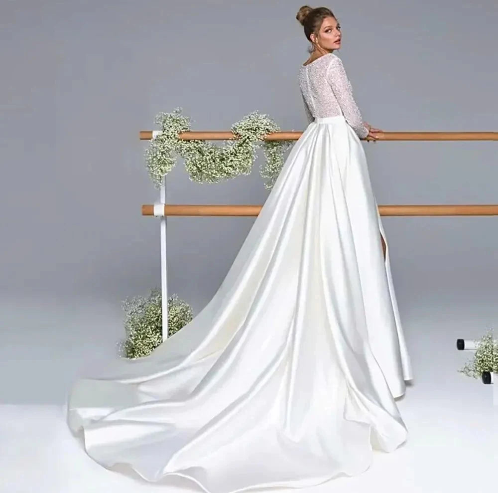 Custom Made Long Sleeves V-neck Brdial Grown A Line Wedding Dresses Side Slit