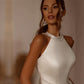 Elegant Halter Collar Pearls Sleeveless Wedding Dress For Women High Slit Back Bow A-Line Simple Stain Bridal Gown